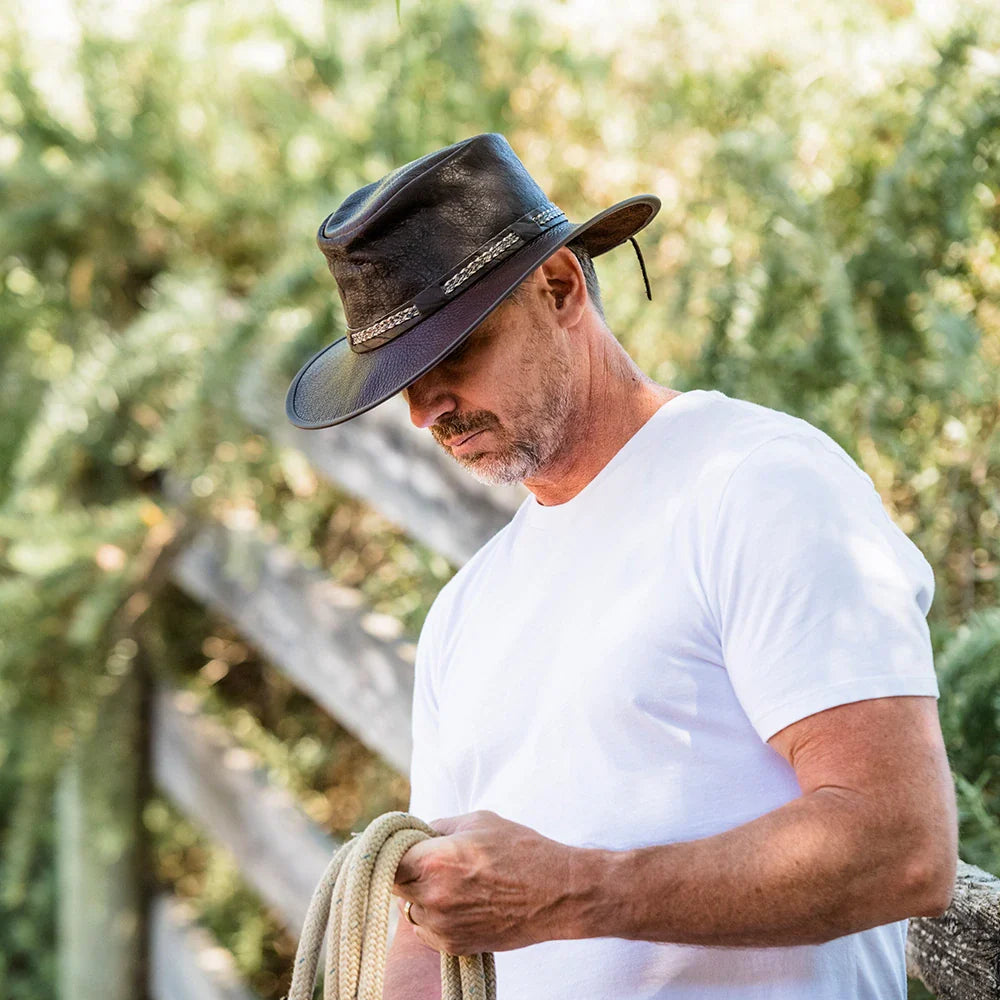 Bison | Mens Bison Leather Packable Outback Hat
