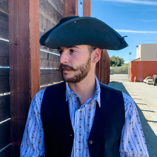 Blackbeard | Mens Black Tricorne Leather Pirate Hat