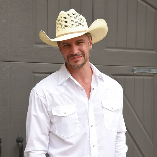 Cal | Mens Natural Vented Crown Woven Bangora Straw Cowboy Hat