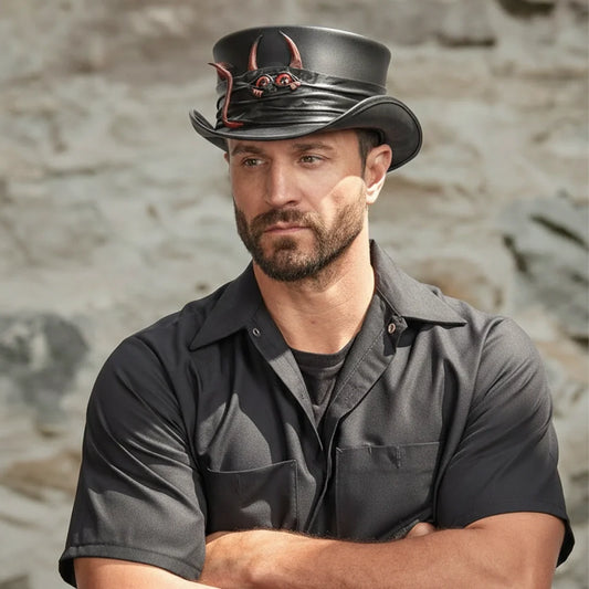 Marlow | Mens Black Leather Top Hat with Lil Evil Hat Band