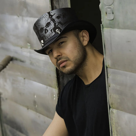 Silver Skull | Mens Black Leather Top Hat with Skull Hat Band