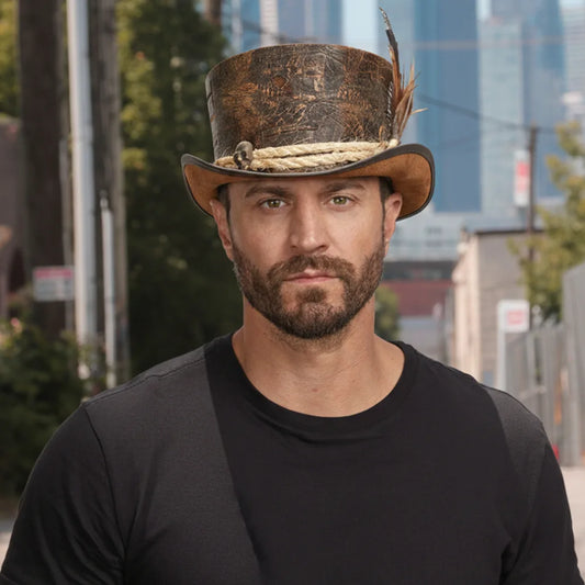 Wiccan | Mens Distressed Leather Top Hat with Skull Bone Hat Band