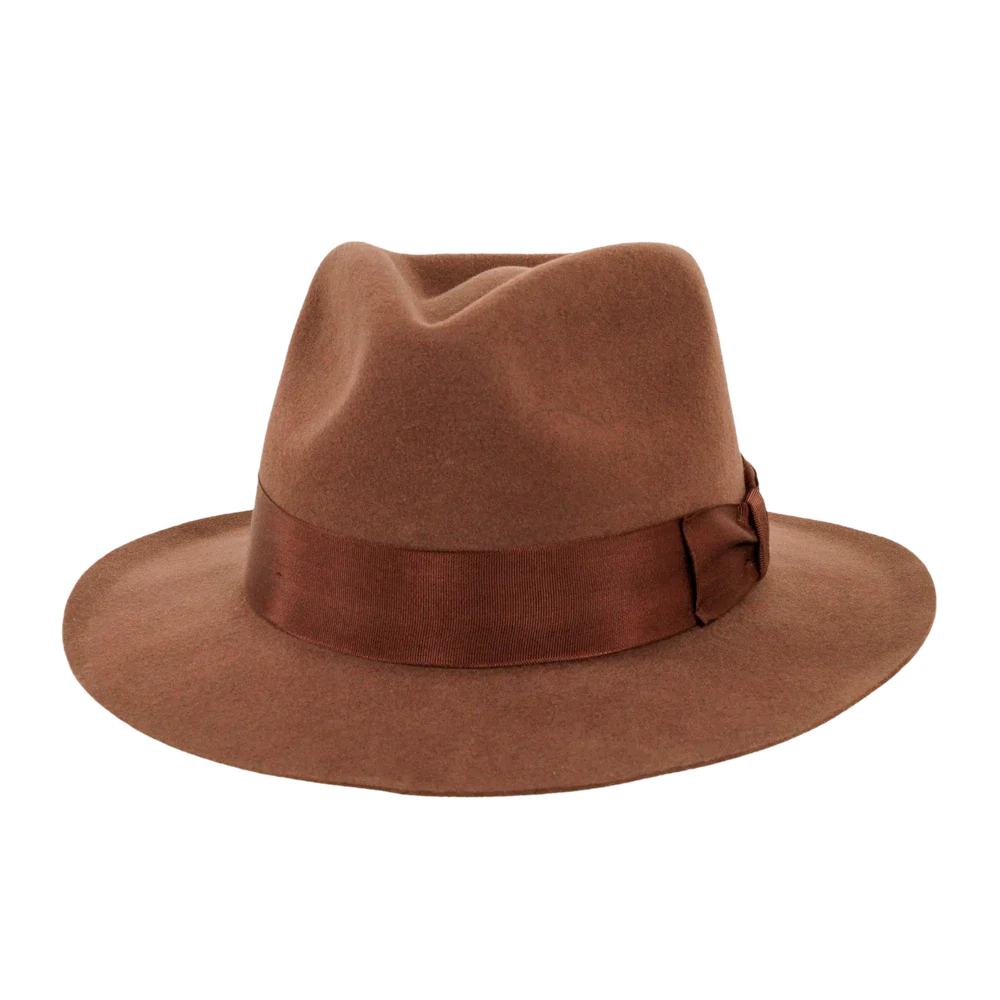 A front angled view of an adventure brown fedora hat