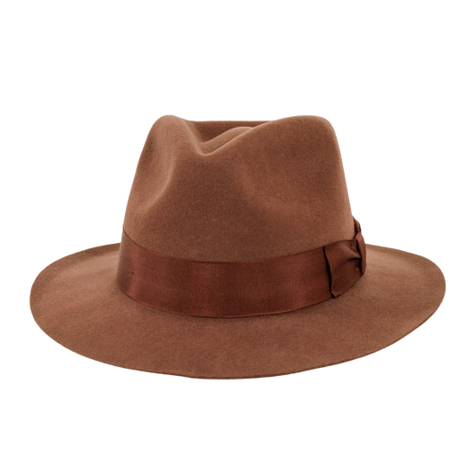 A front angled view of an adventure brown fedora hat