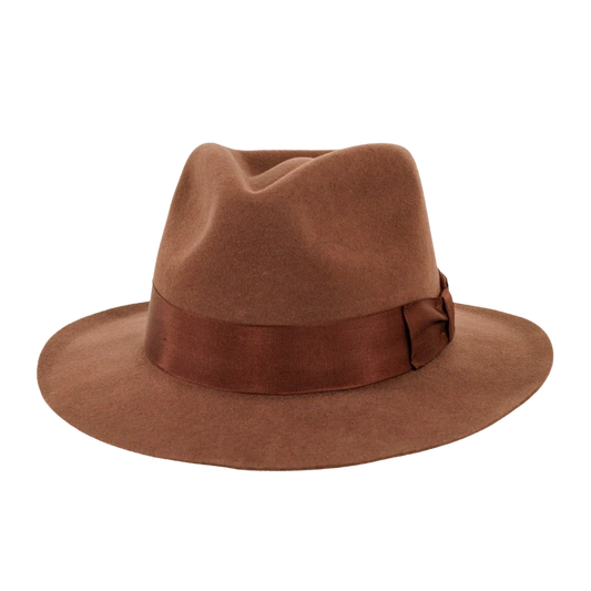 A front angled view of an adventure brown fedora hat