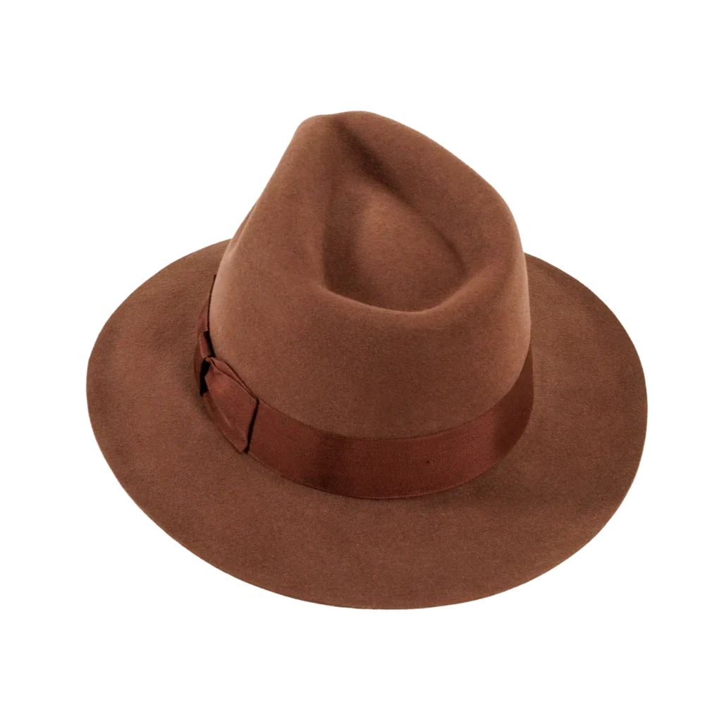 A back top view of a adventure brown fedora hat