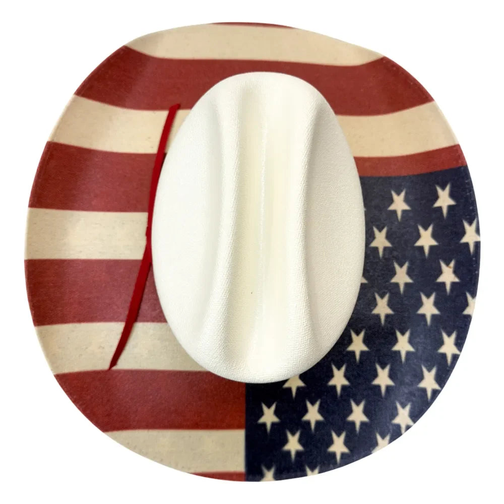 A close-up of a hat's crown featuring an American flag print with red and cream stripes and a navy blue field with cream stars, with a white fabric-covered center insert.