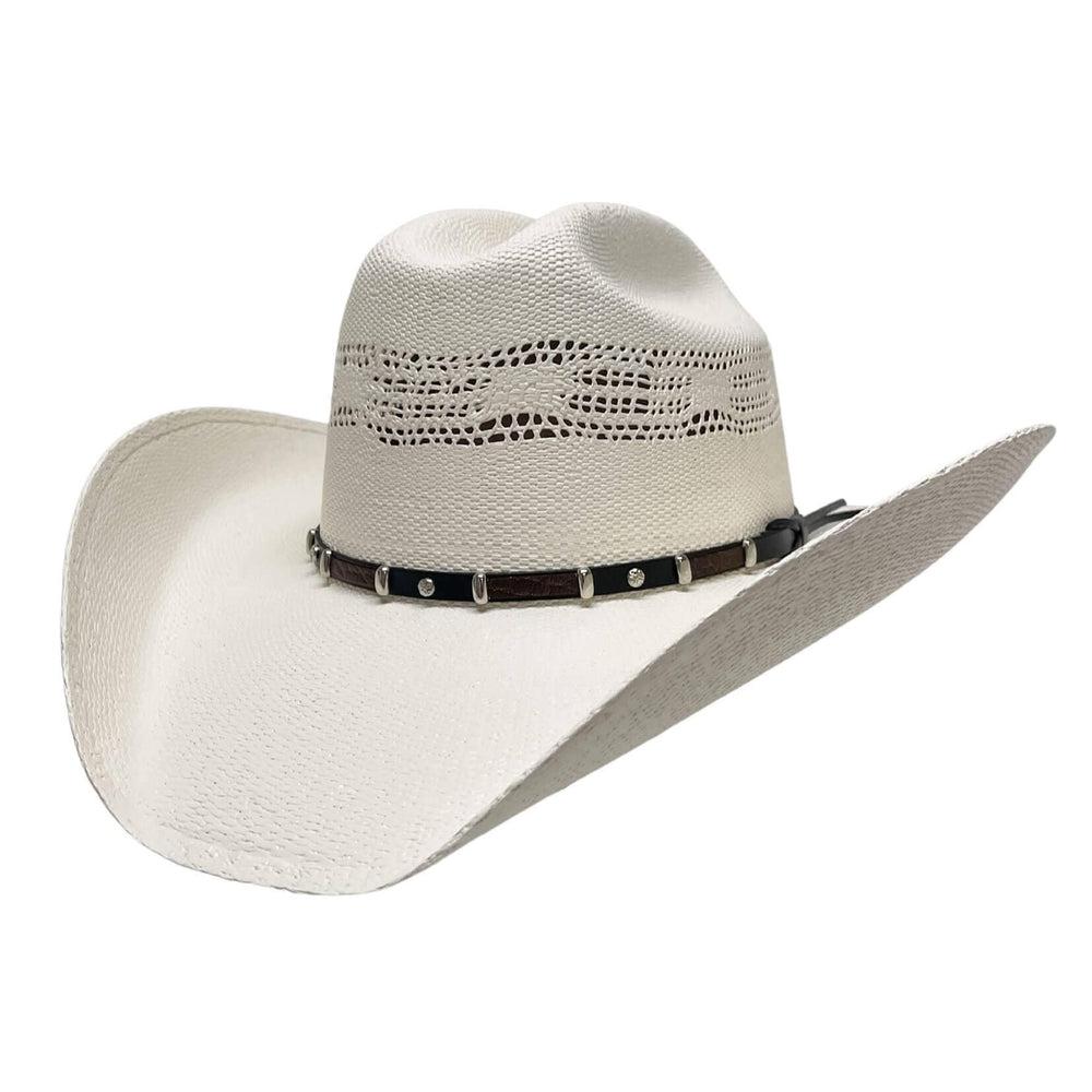 An angle view of a Billings Cream Straw Cowboy Hat