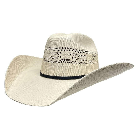 An angle view of a Bozeman Cream Straw Cowboy Hat