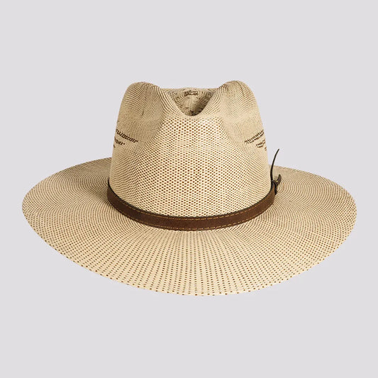 Dover | Mens Tan Bangora Straw Flat Brim Pinch Front Sun Hat
