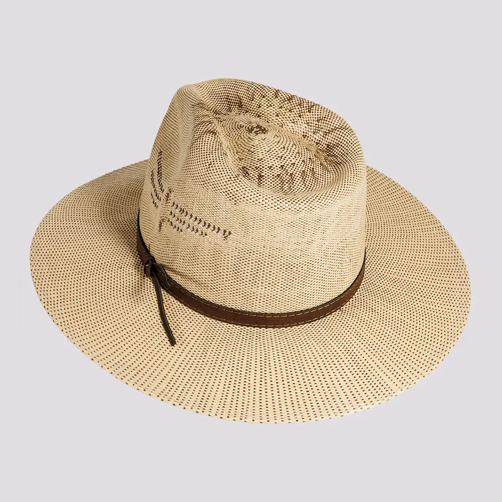 Dover | Womens Tan Bangora Straw Flat Brim Pinch Front Sun Hat
