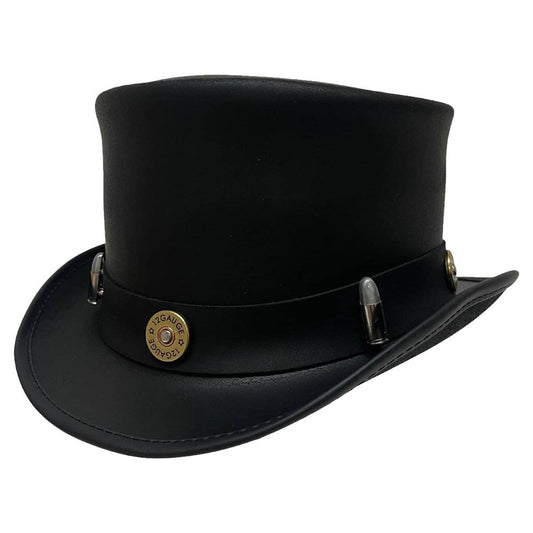 An angle view of a El Dorado Black Leather Top Hat with a Bullet Band