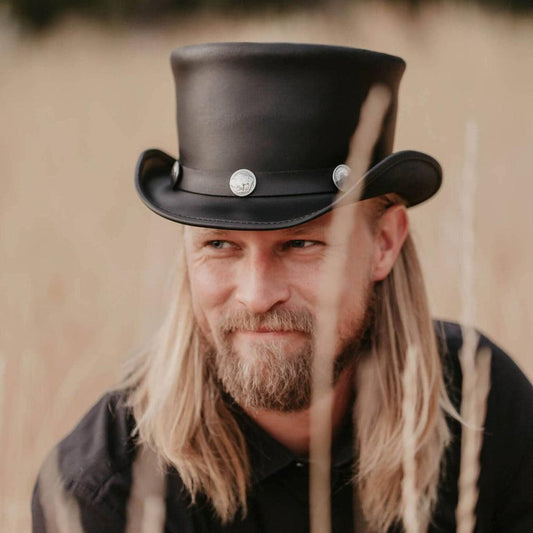 El Dorado Black Leather Top Hat with a Buffalo Band by American Hat Makers
