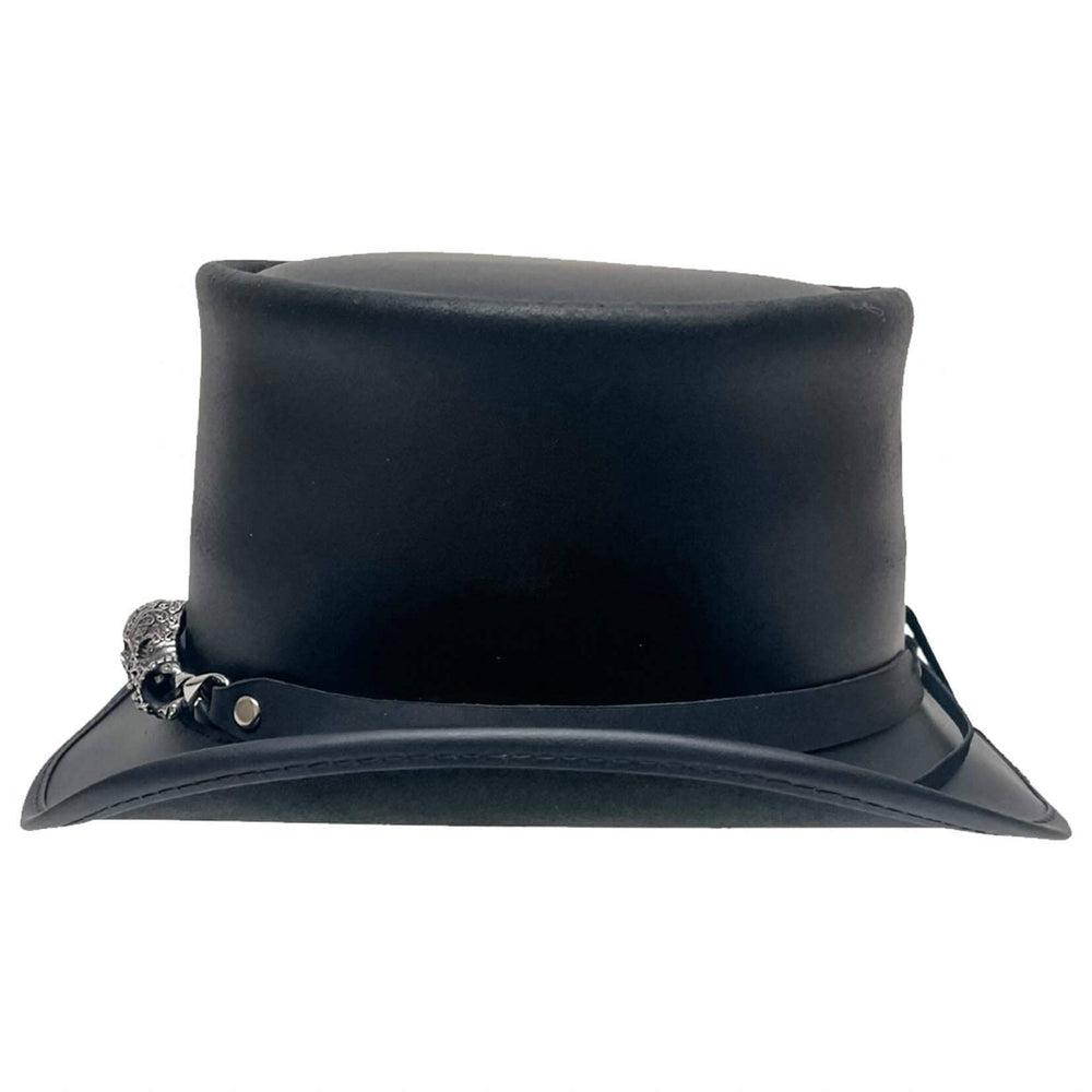 A side view of a El Dorado Black Leather Top Hat with Red Eye Skull Band
