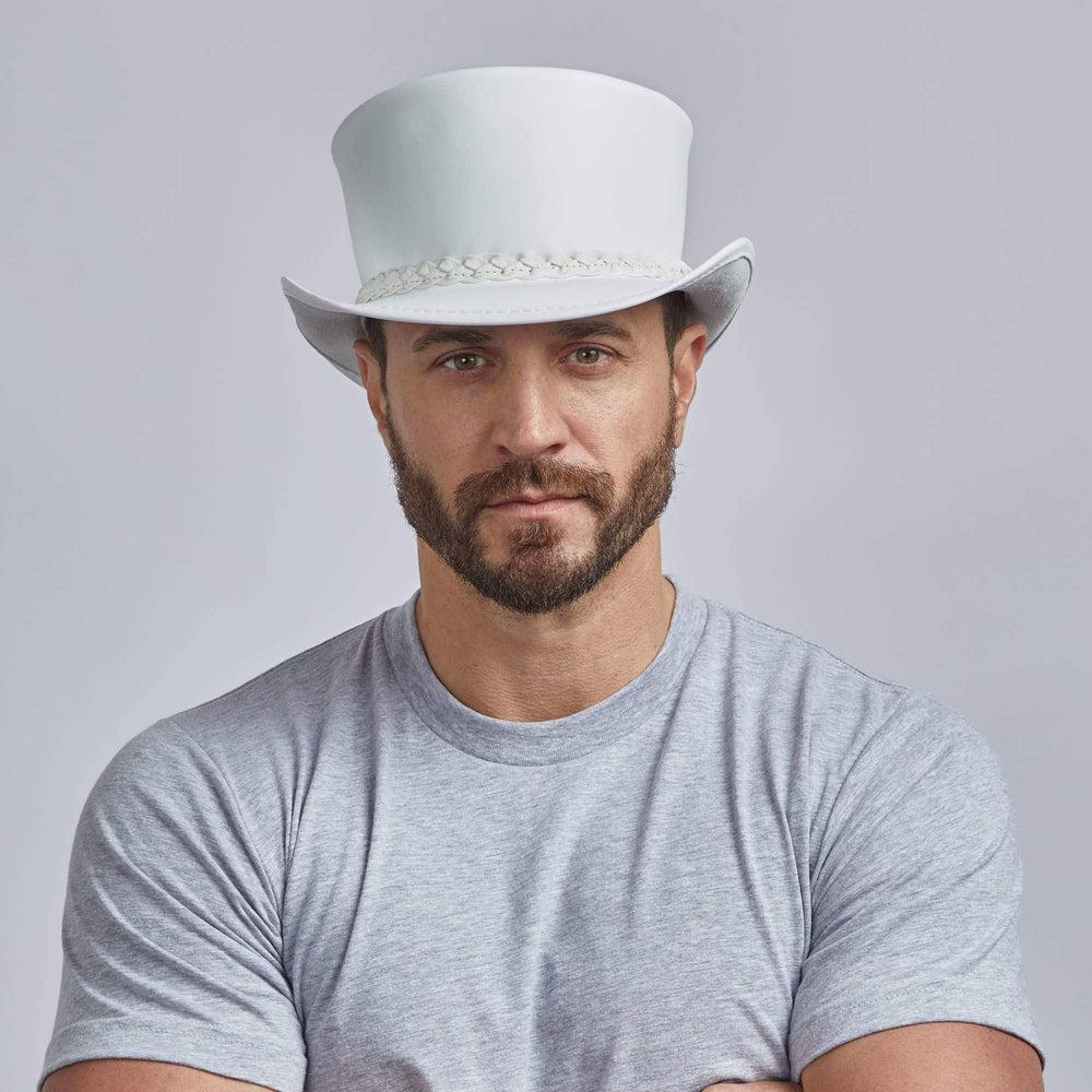 A man wearing Ghost Rider White Leather Top Hat