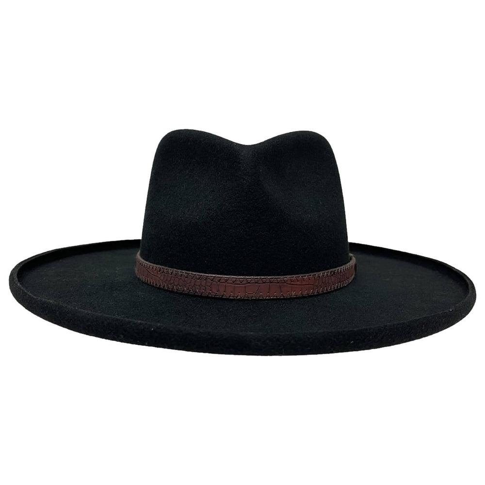 A front view of a Hudson Black Felt Fedora Hat