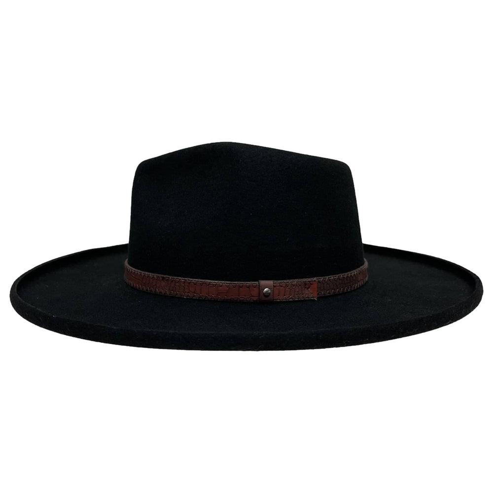 A side view of a Hudson Black Felt Fedora Hat