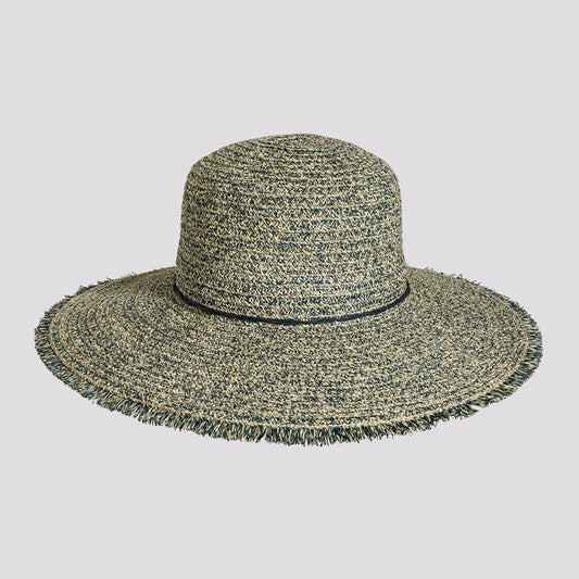 Joy | Womens Navy Sewn Paper Braid Sun Hat with Fringe Edge