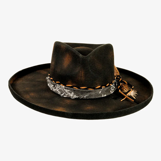 Lenny | Mens Distressed Wool Felt Teardrop Wide Brim Fedora Hat