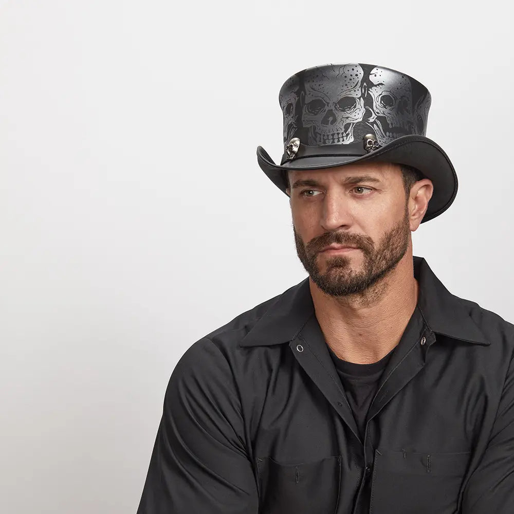 Silver Skull | Mens Leather Top Hat with Skull Hat Band