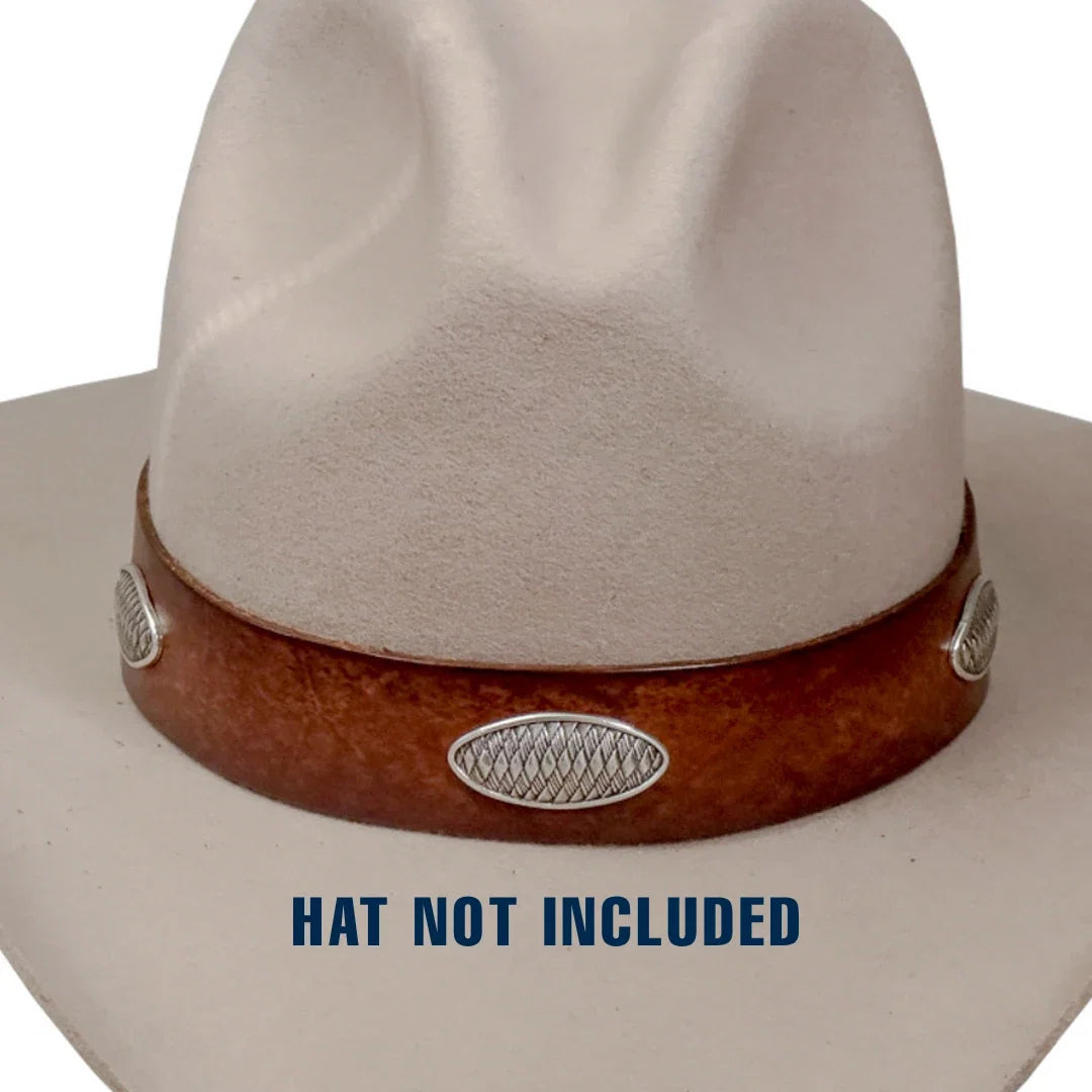 Close-up of a cowboy hat with a brown leather band and silver conchos, with the text 'HAT NOT INCLUDED' overlaid at the bottom on a white background.