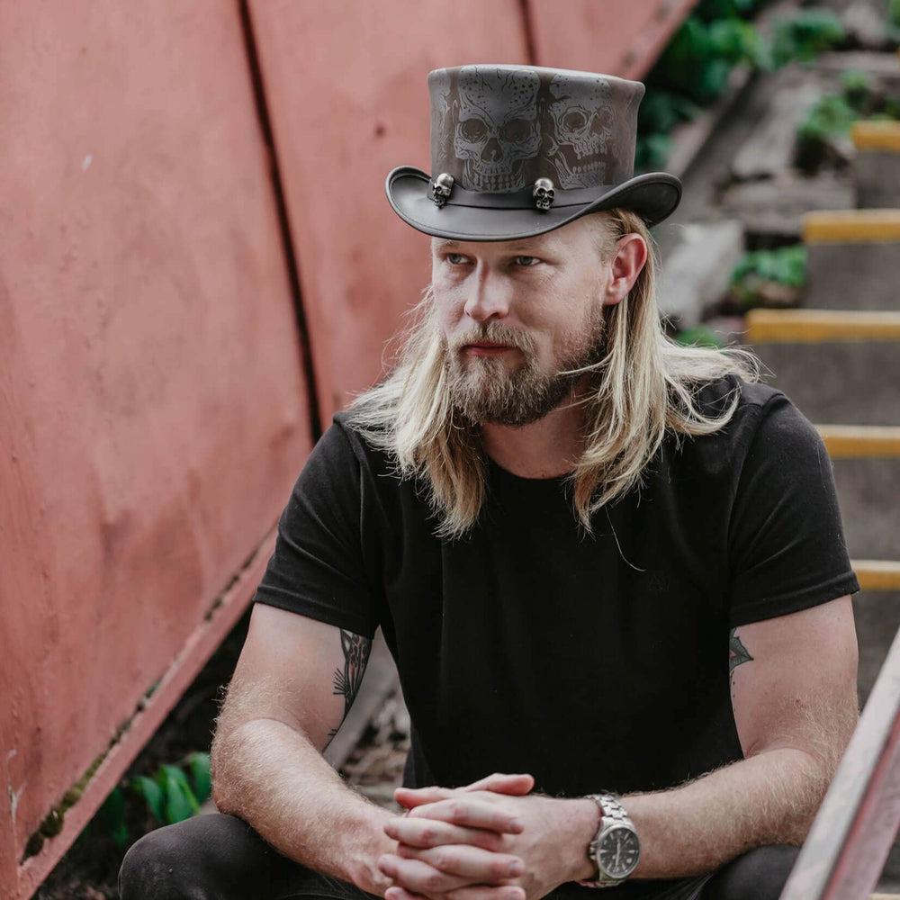 Silver Skull Black Top Hat by American Hat Makers - Hover