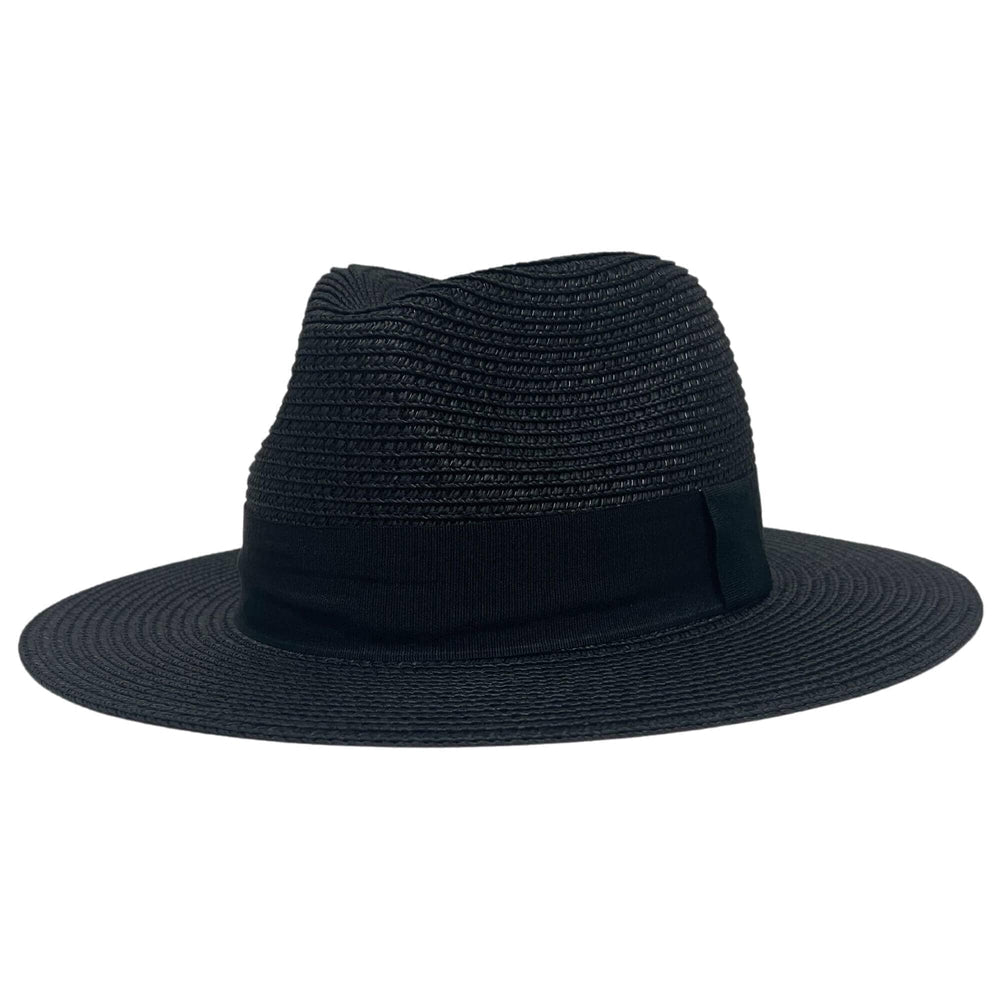 An angle view of a Sunday Black Straw Sun Hat