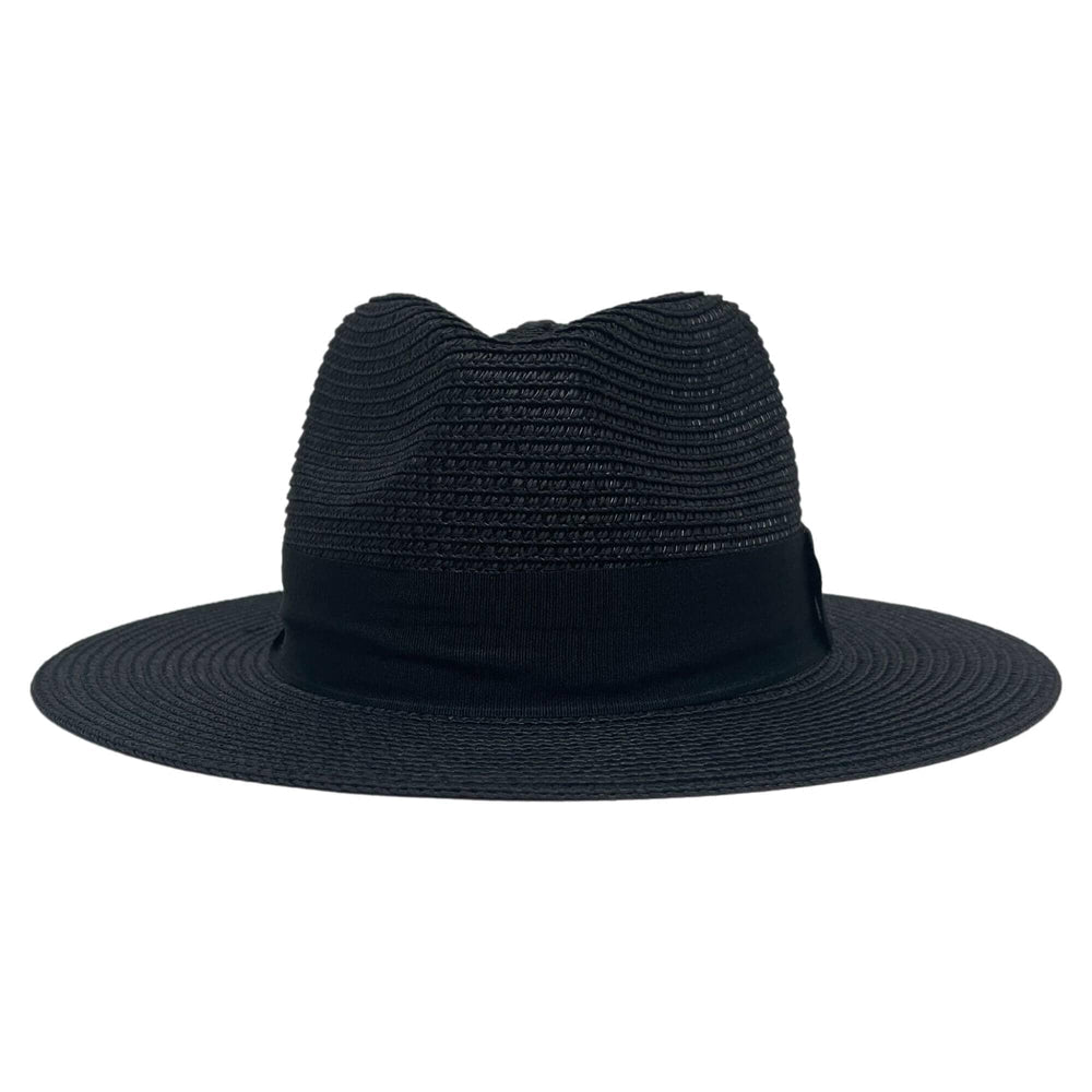A front view of a Sunday Black Straw Sun Hat