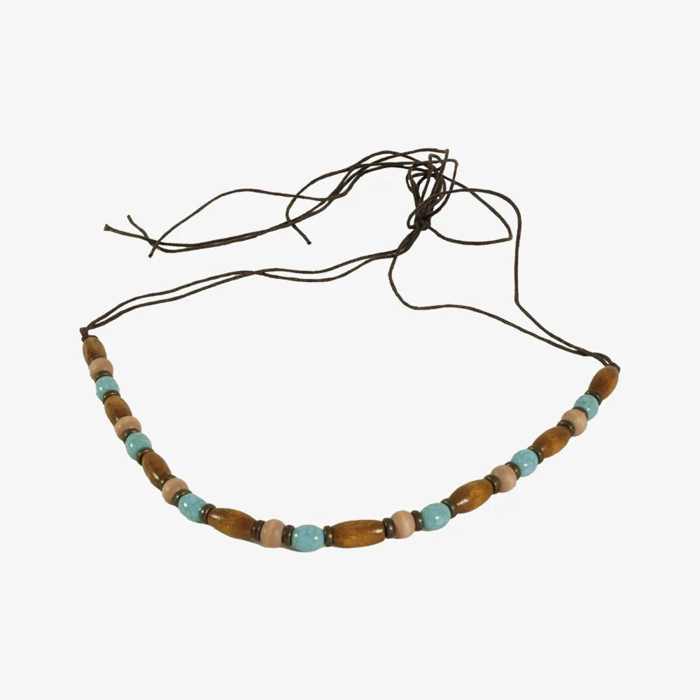 Teak | Waxed Cord Hat Band with Turquoise and Wood Beads