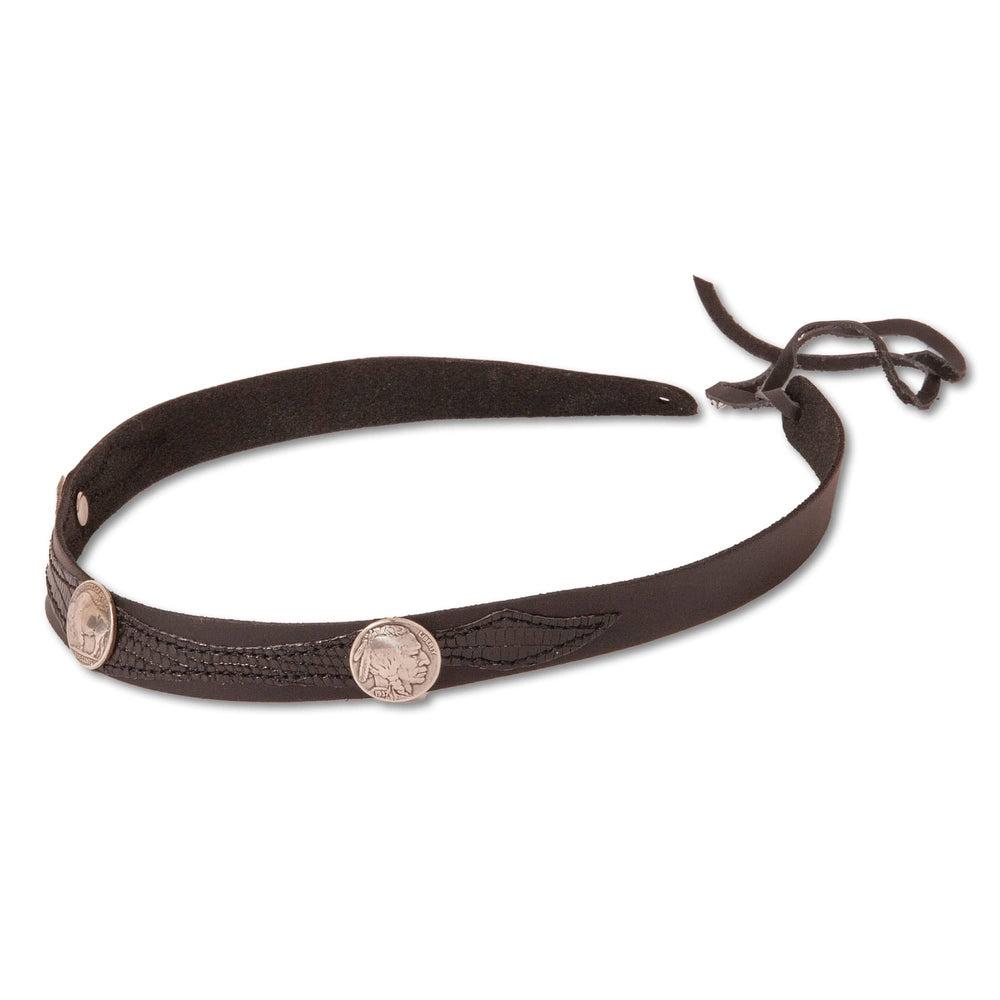 A side view of a Blazer Buffalo Nickel Leather Black Hat Band
