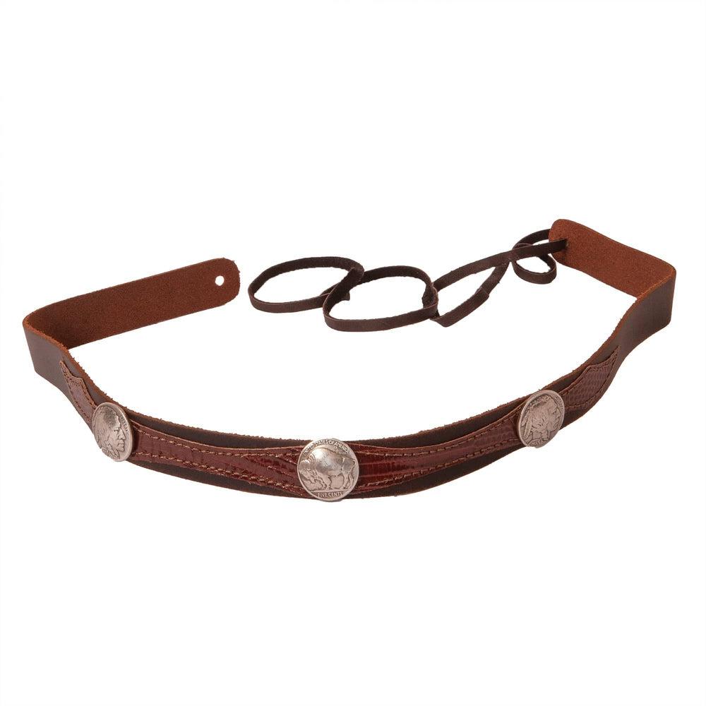 A front view of a Blazer Buffalo Nickel Leather Brown Hat Band
