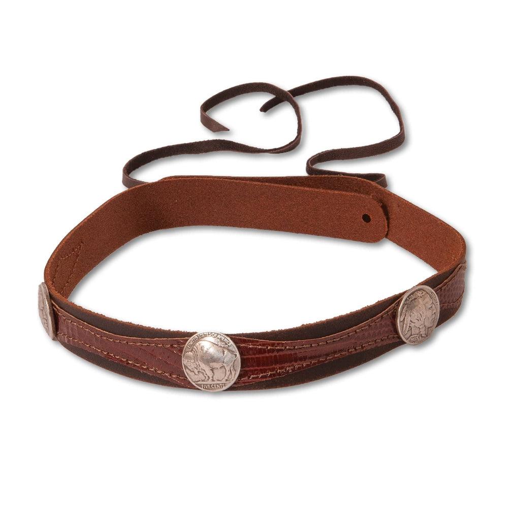 A closer view of a Blazer Buffalo Nickel Leather Brown Hat Band