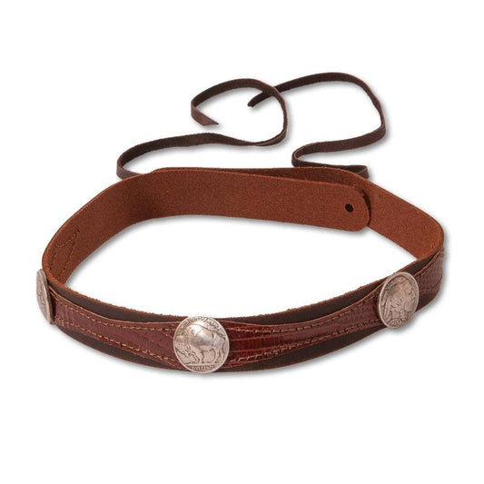 A closer view of a Blazer Buffalo Nickel Leather Brown Hat Band