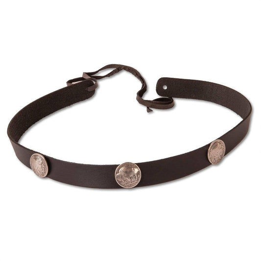 A front view of a Buffalo Black Leather Band with Replica Buffalo Nickels