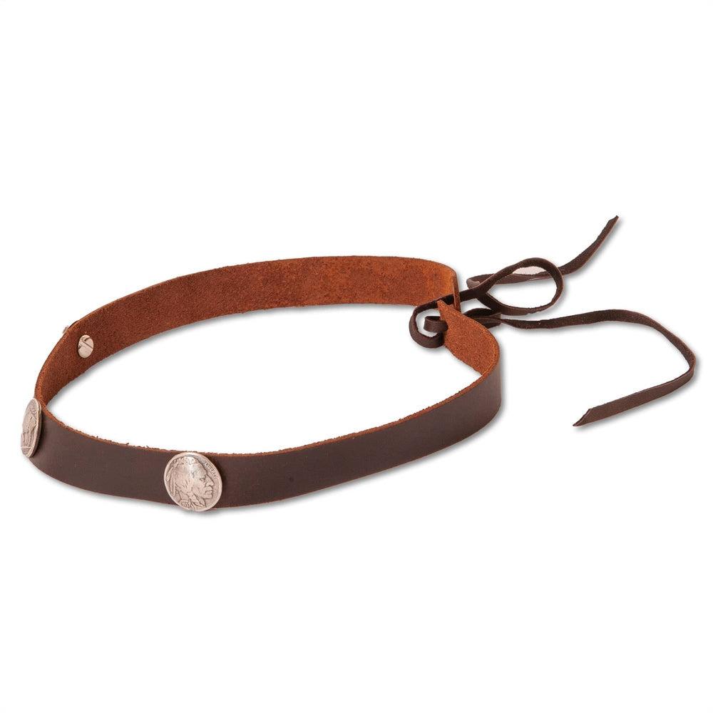 An angle view of a Buffalo Brown Leather Band with Replica Buffalo Nickels