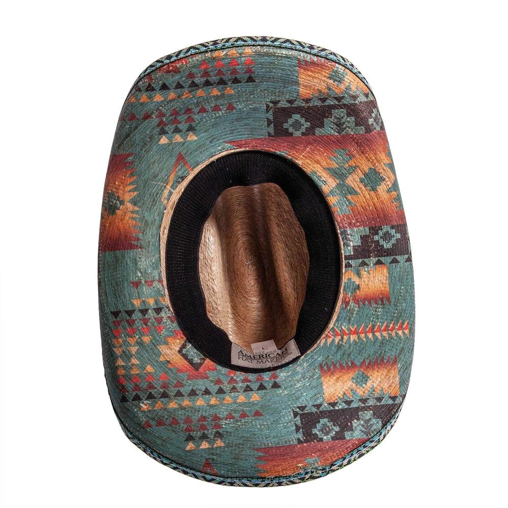 An bottom view of a Cassius Distressed straw painted brim straw hat