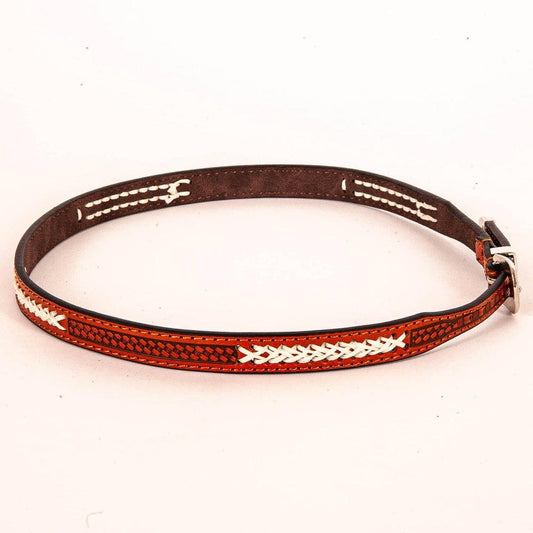 A side view of a Fargo Tooled Leather Cowboy Hat Band with silver buckle