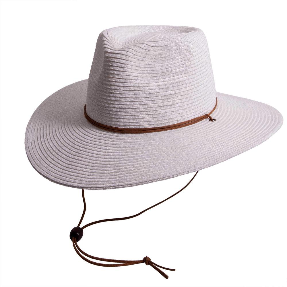 A side view of Felix white straw sun hat with chinstrap