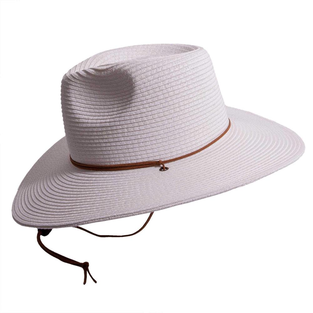 A side view of Felix white straw sun hat with chinstrap