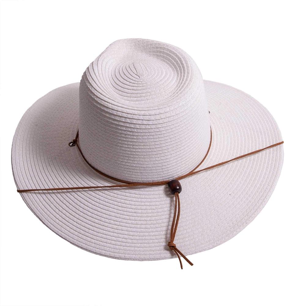 A top view of Felix white straw sun hat with chinstrap