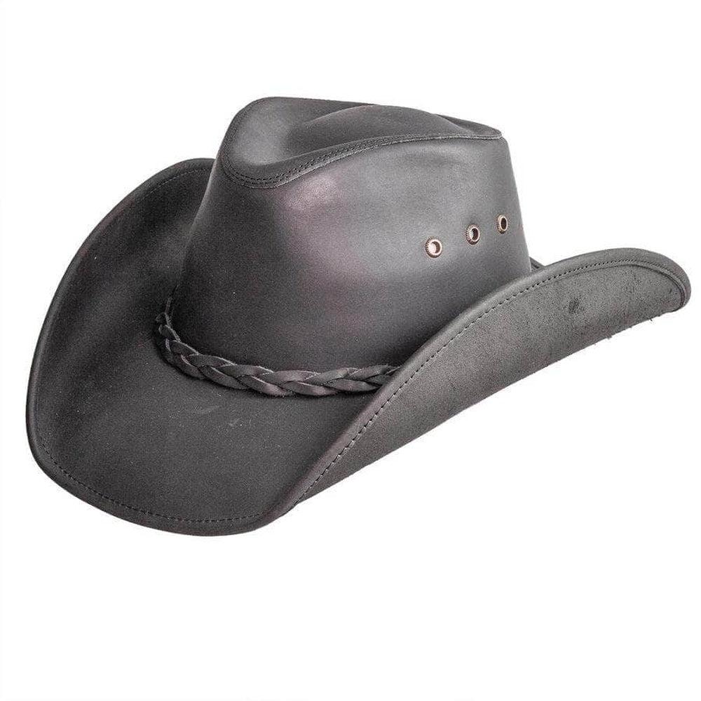 An angle view of a Hollywood Black Leather Cowboy Hat