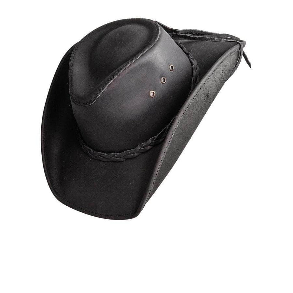 An angle view of a Hollywood Black Leather Cowboy Hat