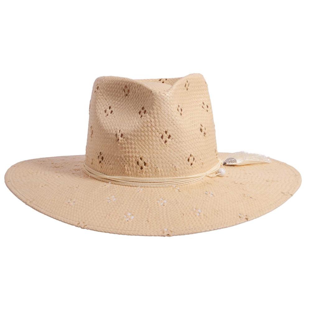 A right side view of Lena cream straw sun hat