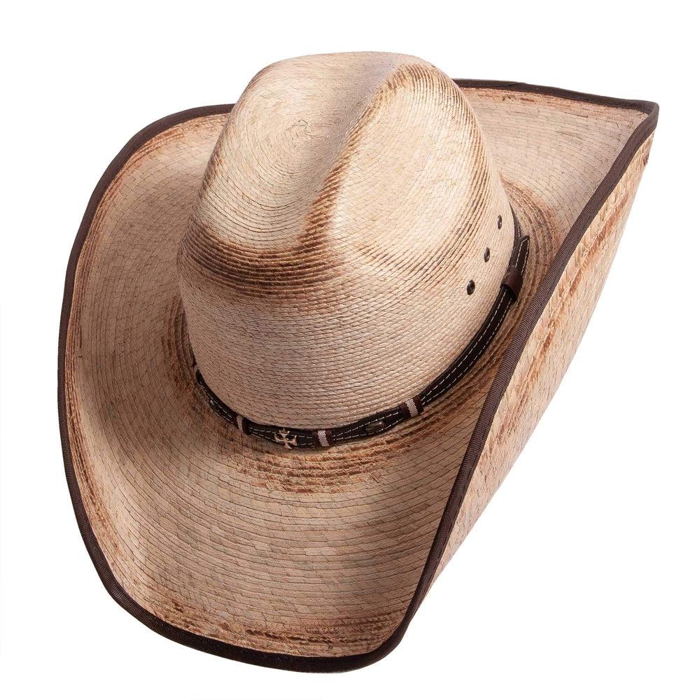 An angled view of Lucas distressed straw cowboy hat