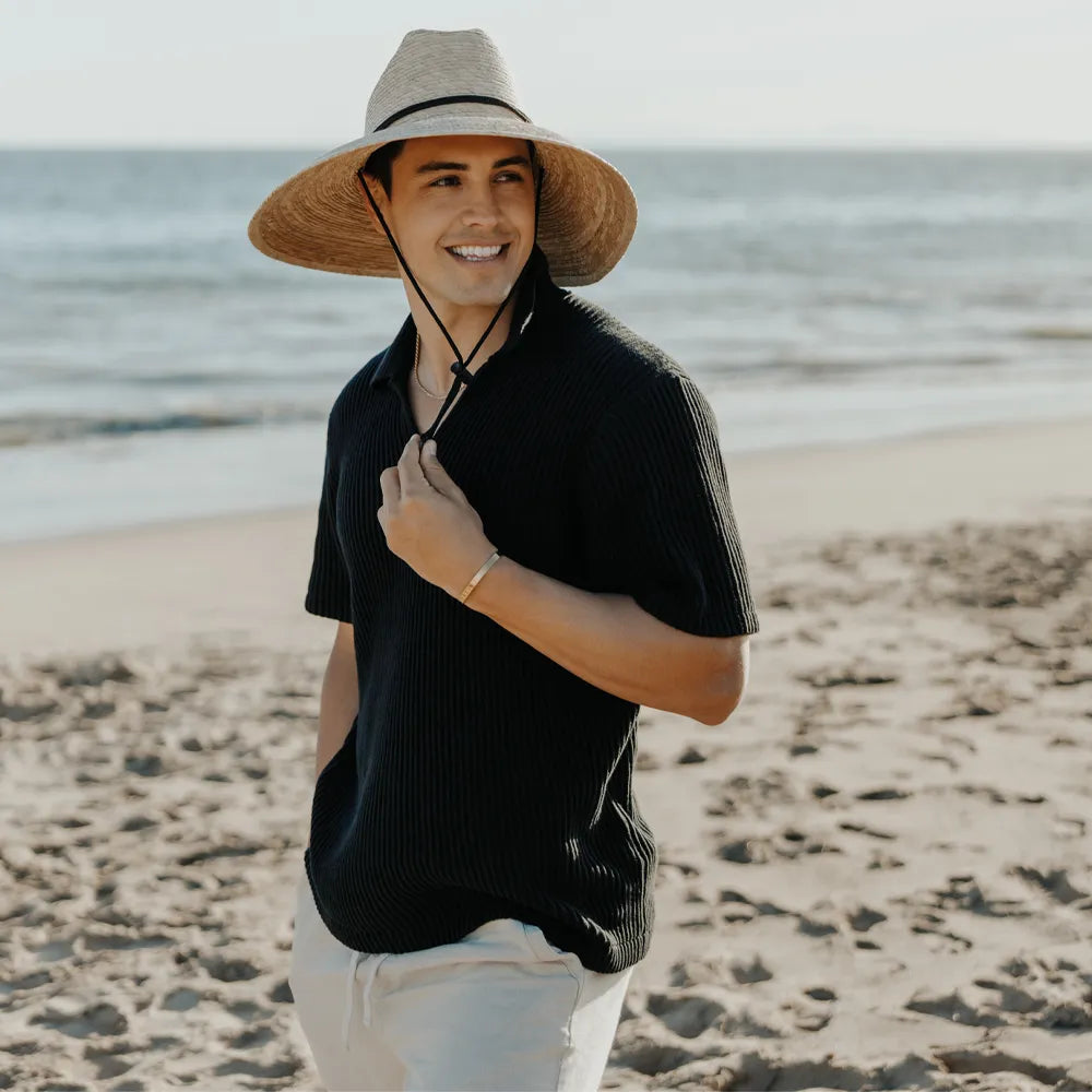 Marlin wide brim straw sun hat lifegaurd fishing lifestyle man wearing at the beach