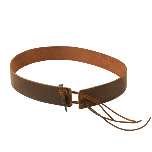 A back view of a Rawhide brown leather hat band