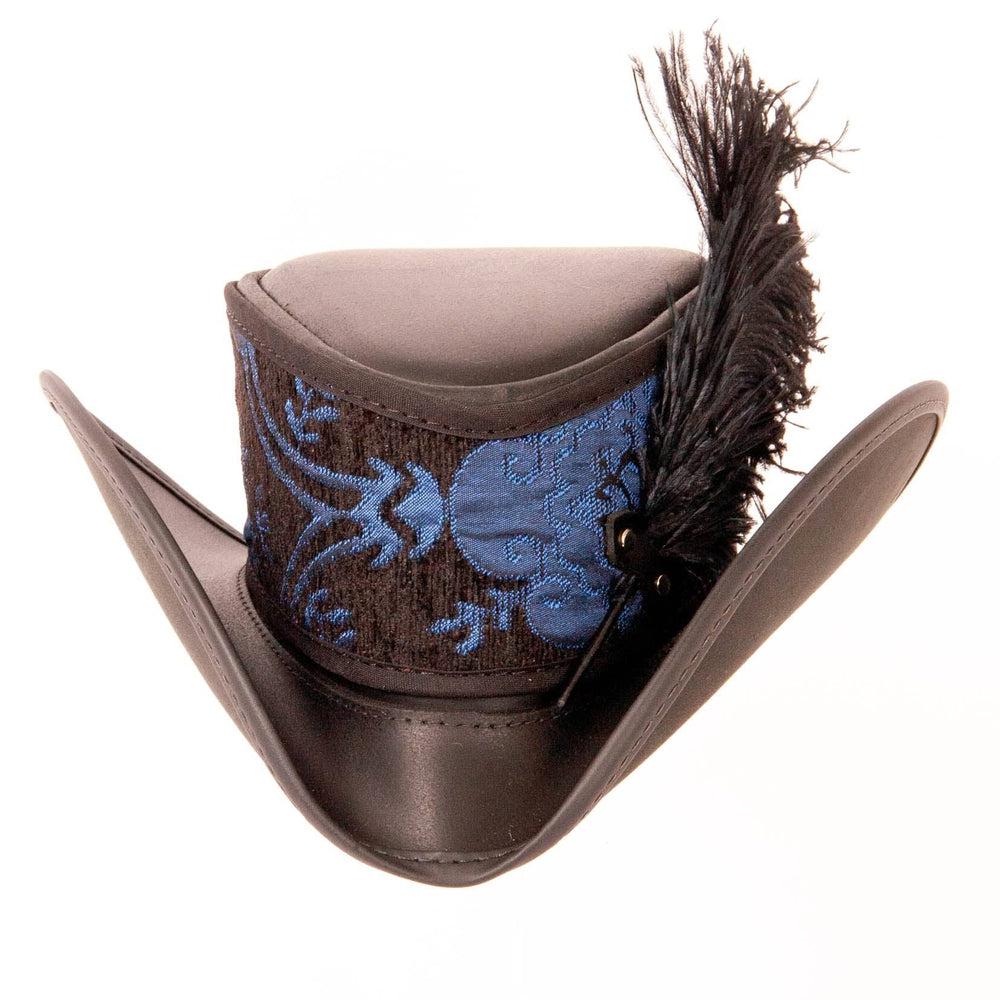 A front view of a Reversible Ren Blue & Purple Leather Hat