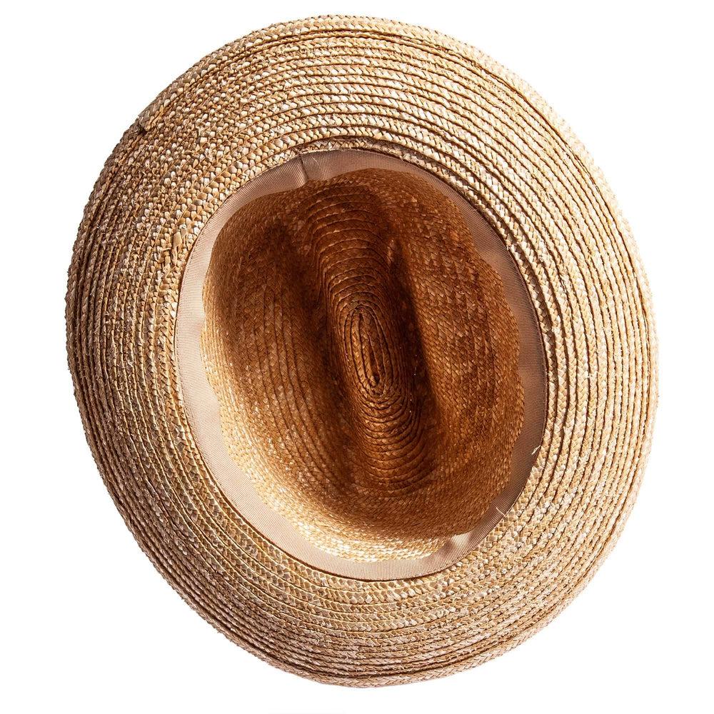 An bottom view of Sawyer brown straw sun hat