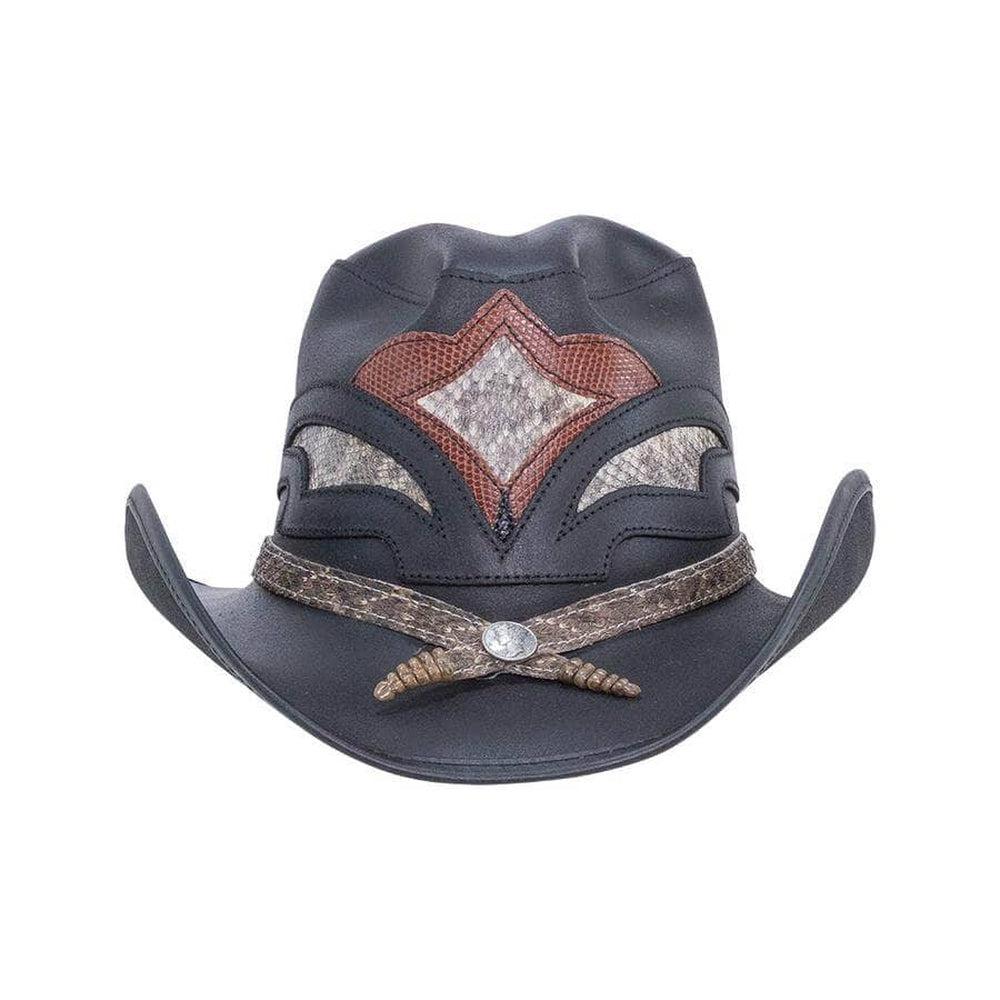 A front view of a Black Finished Storm Cowboy Hat with Double Rattle Band