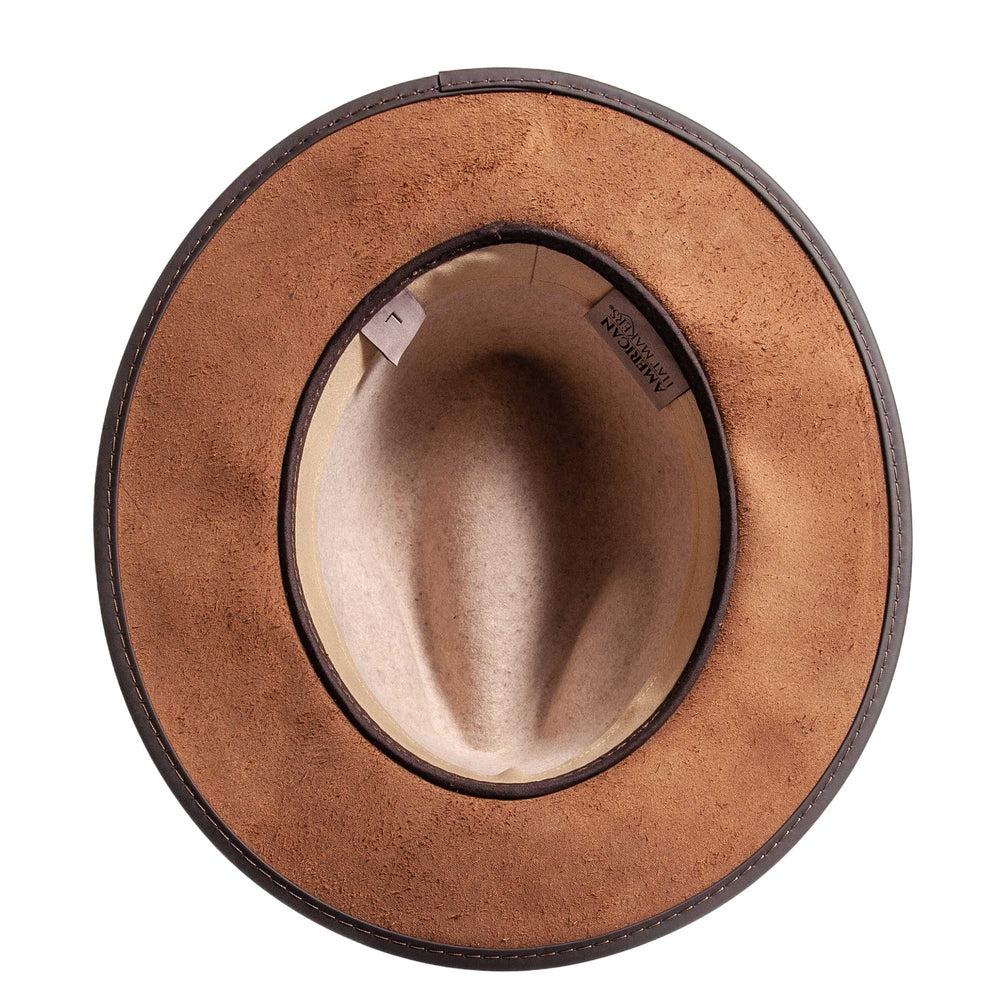 A bottom view of a Summit Oatmeal Fedora Leather Hat
